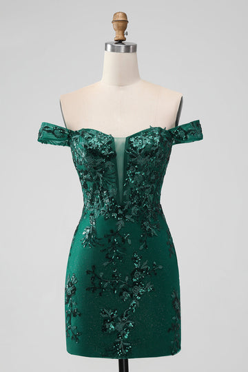 Vestido de cóctel corto ajustado con hombros descubiertos y lentejuelas color verde oscuro brillante